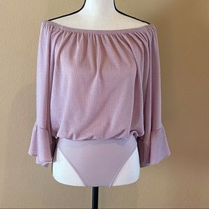 Express Off the Shoulder Thong Bodysuit with Ruffle Sleeves